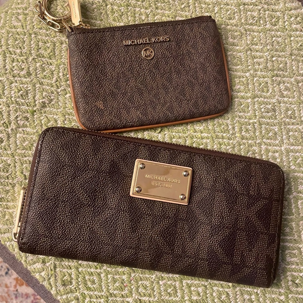 AUTHENTIC Michael Kors Dark Brown Wallet and Key Pouch Set